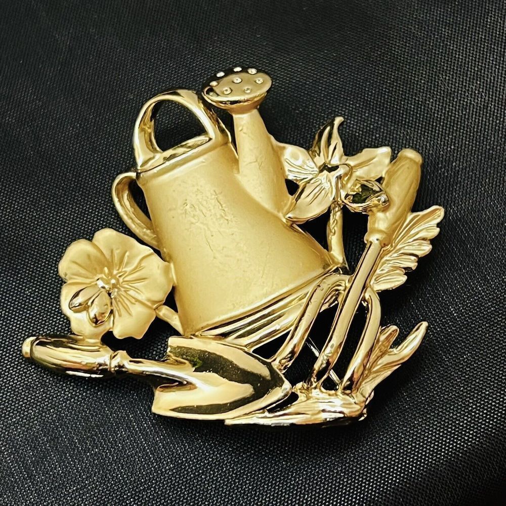 Vintage  AJC Satine Gold Tone Gardening Tools Flowers Watering Can Brooch 4080